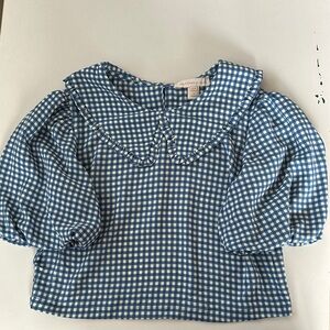 Monteau Blue Gingham Puff-Sleeve Blouse with Ruffled Peter Pan Collar